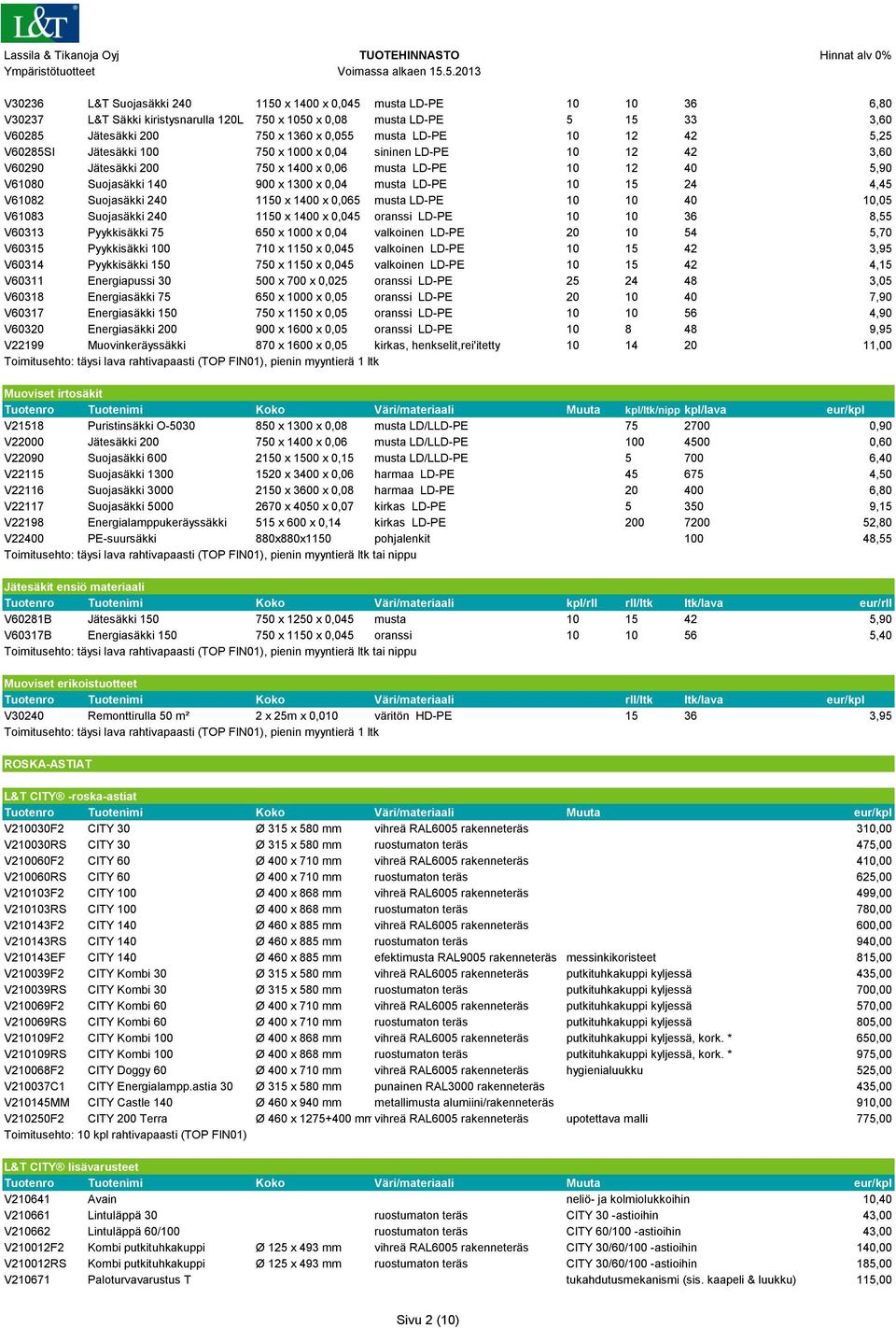 LD-PE 10 15 24 4,45 V61082 Suojasäkki 240 1150 x 1400 x 0,065 musta LD-PE 10 10 40 10,05 V61083 Suojasäkki 240 1150 x 1400 x 0,045 oranssi LD-PE 10 10 36 8,55 V60313 Pyykkisäkki 75 650 x 1000 x 0,04