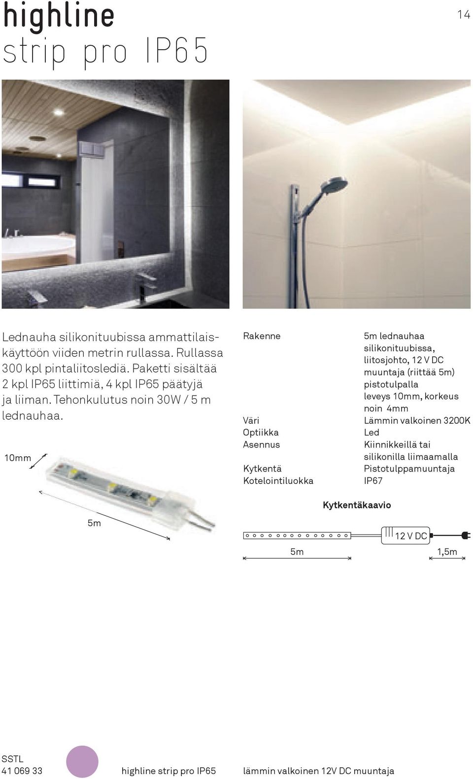 10mm Optiikka kaavio 5m lednauhaa silikonituubissa, liitosjohto, 12 V DC muuntaja (riittää 5m) pistotulpalla leveys 10mm, korkeus noin