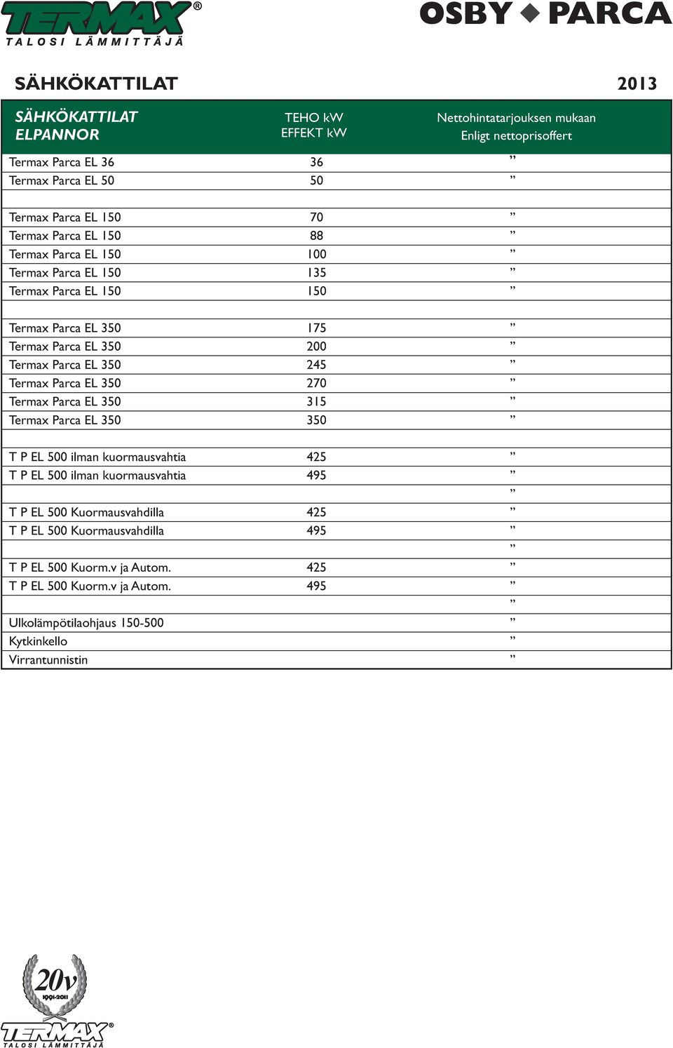 350 245 Termax Parca EL 350 270 Termax Parca EL 350 315 Termax Parca EL 350 350 T P EL 500 ilman kuormausvahtia 425 T P EL 500 ilman kuormausvahtia 495 T P EL 500