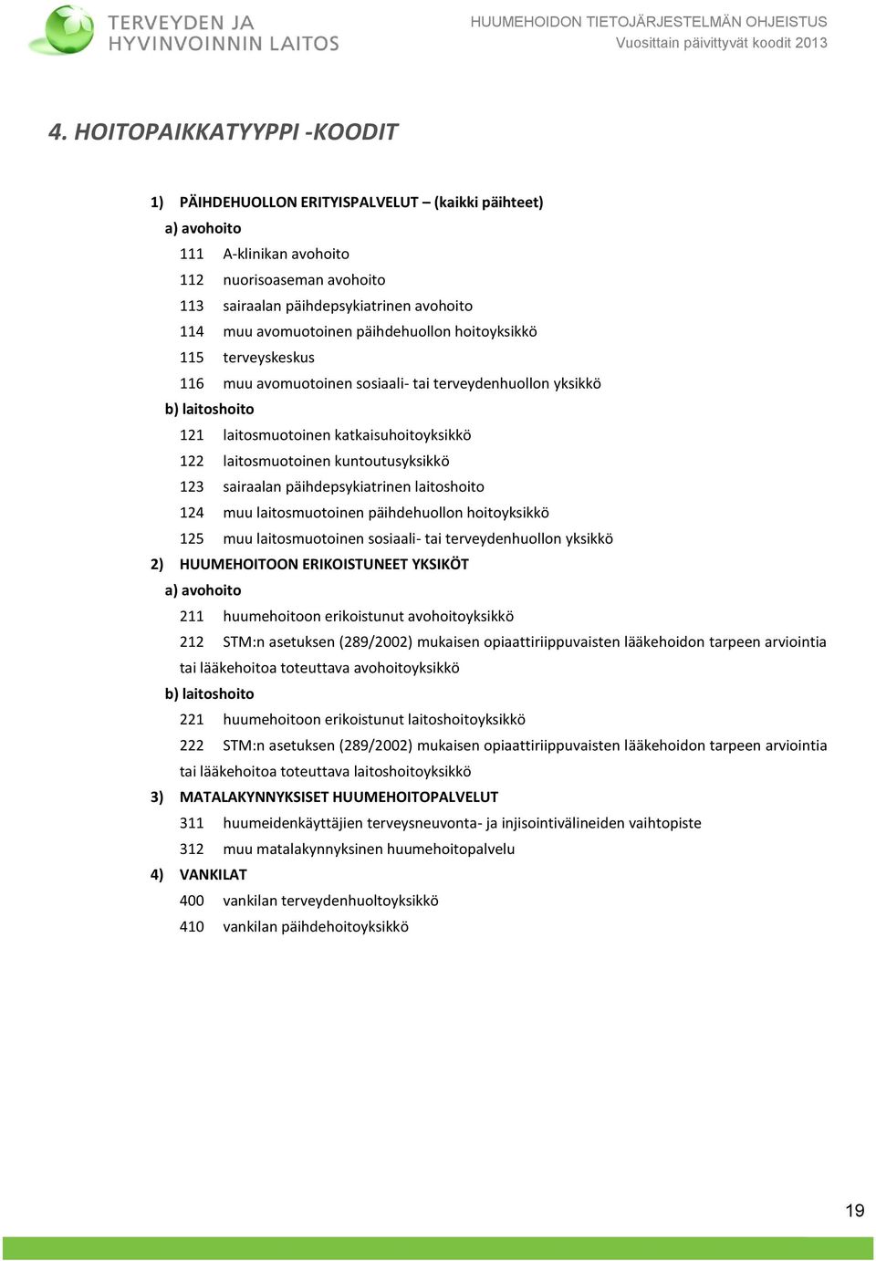 avomuotoinen päihdehuollon hoitoyksikkö 115 terveyskeskus 116 muu avomuotoinen sosiaali- tai terveydenhuollon yksikkö b) laitoshoito 121 laitosmuotoinen katkaisuhoitoyksikkö 122 laitosmuotoinen