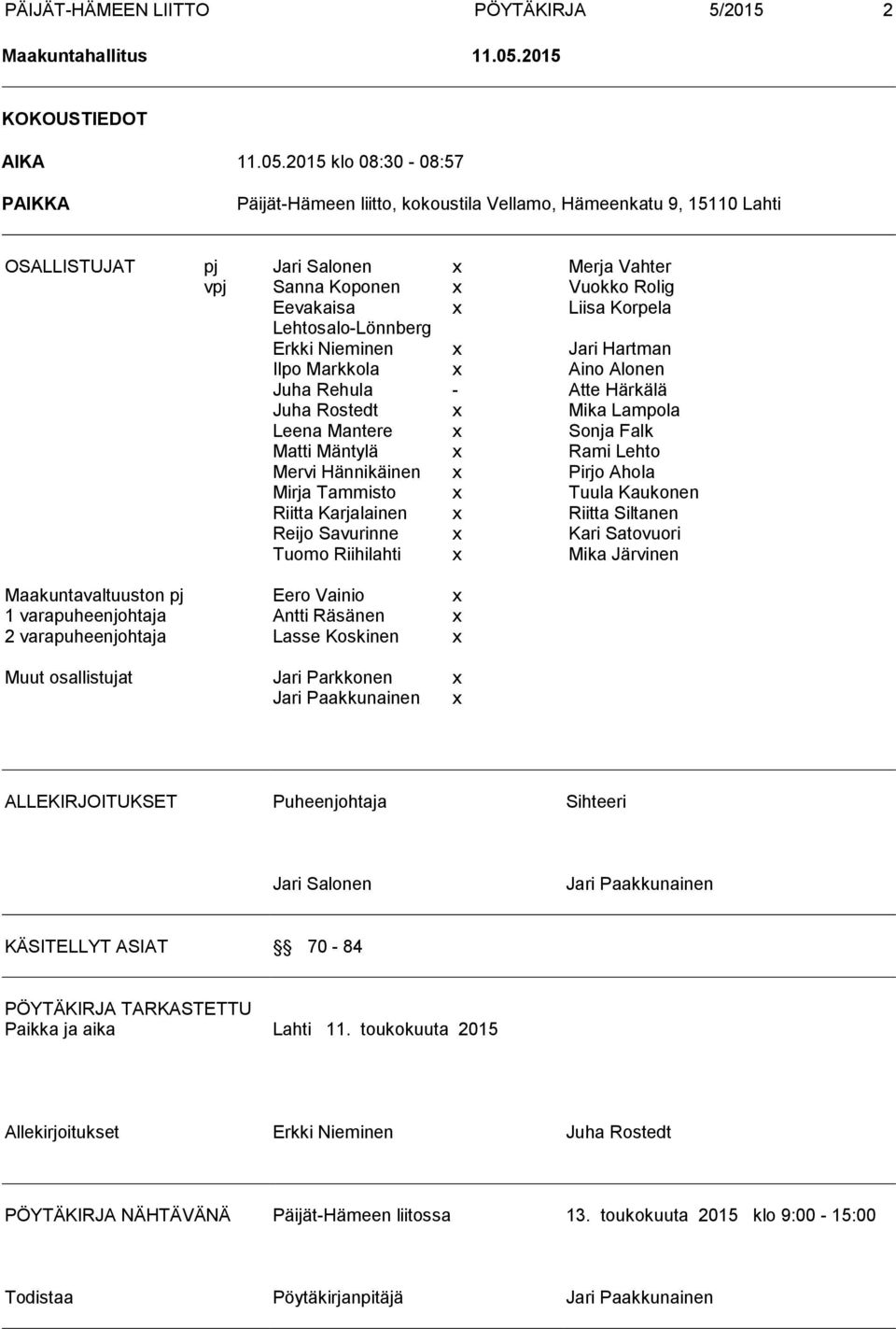 2015 klo 08:30-08:57 PAIKKA Päijät-Hämeen liitto, kokoustila Vellamo, Hämeenkatu 9, 15110 Lahti OSALLISTUJAT pj Jari Salonen x Merja Vahter vpj Sanna Koponen x Vuokko Rolig Eevakaisa x Liisa Korpela