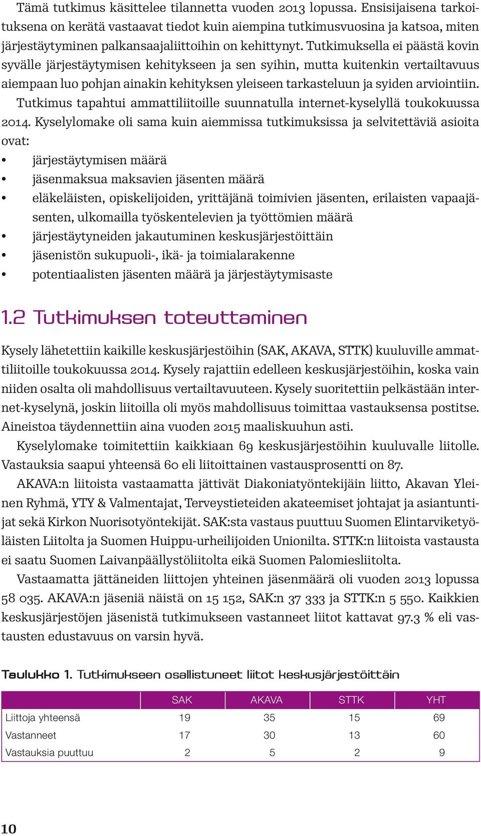 Tutkimuksella ei päästä kovin syvälle järjestäytymisen kehitykseen ja sen syihin, mutta kuitenkin vertailtavuus aiempaan luo pohjan ainakin kehityksen yleiseen tarkasteluun ja syiden arviointiin.