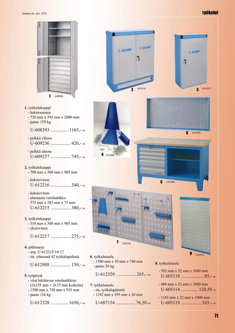 ..380,- 0 5 U-2328 3. työkalukaappi - 50 mm x 300 mm x 905 mm - yksiovinen U-22...25,- 0. pidinsarja - sop. U-225// - sis. yhteensä 2 työkalupidintä U-2908...39,- 0 5.