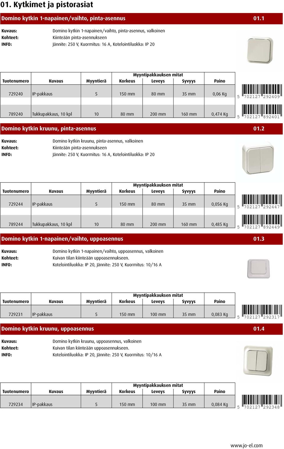 702127 292409 789240 Tukkupakkaus, 10 kpl 10 80 mm 200 mm 160 mm 0,474 Kg 5 702127 892401 Domino kytkin kruunu, pinta-asennus 01.