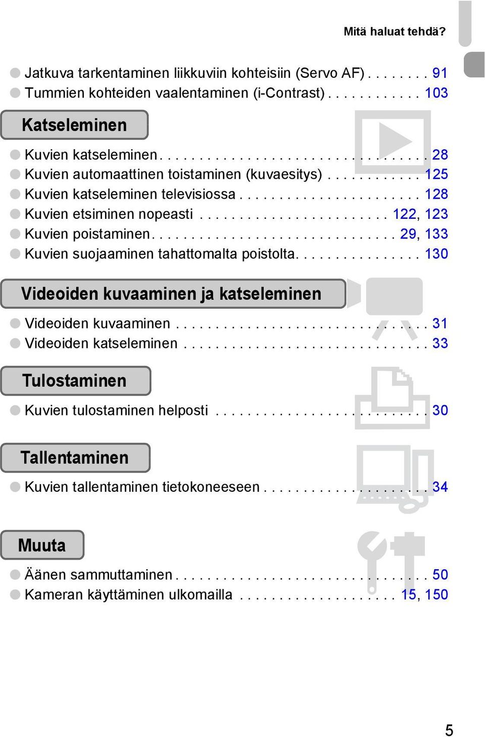 ....................... 122, 123 Kuvien poistaminen............................... 29, 133 Kuvien suojaaminen tahattomalta poistolta................ 130 Videoiden kuvaaminen ja katseleminen E Videoiden kuvaaminen.