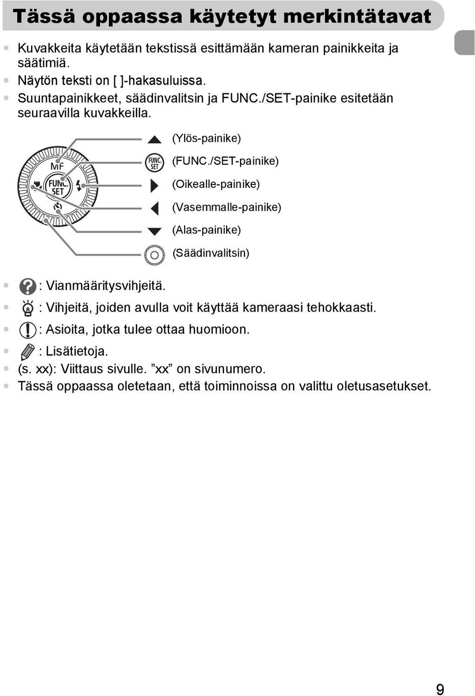 /SET-painike) (Oikealle-painike) (Vasemmalle-painike) (Alas-painike) (Säädinvalitsin) : Vianmääritysvihjeitä.