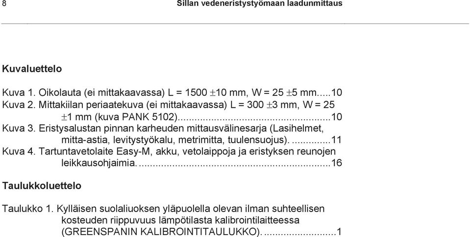 Eristysalustan pinnan karheuden mittausvälinesarja (Lasihelmet, mitta-astia, levitystyökalu, metrimitta, tuulensuojus)....11 Kuva 4.