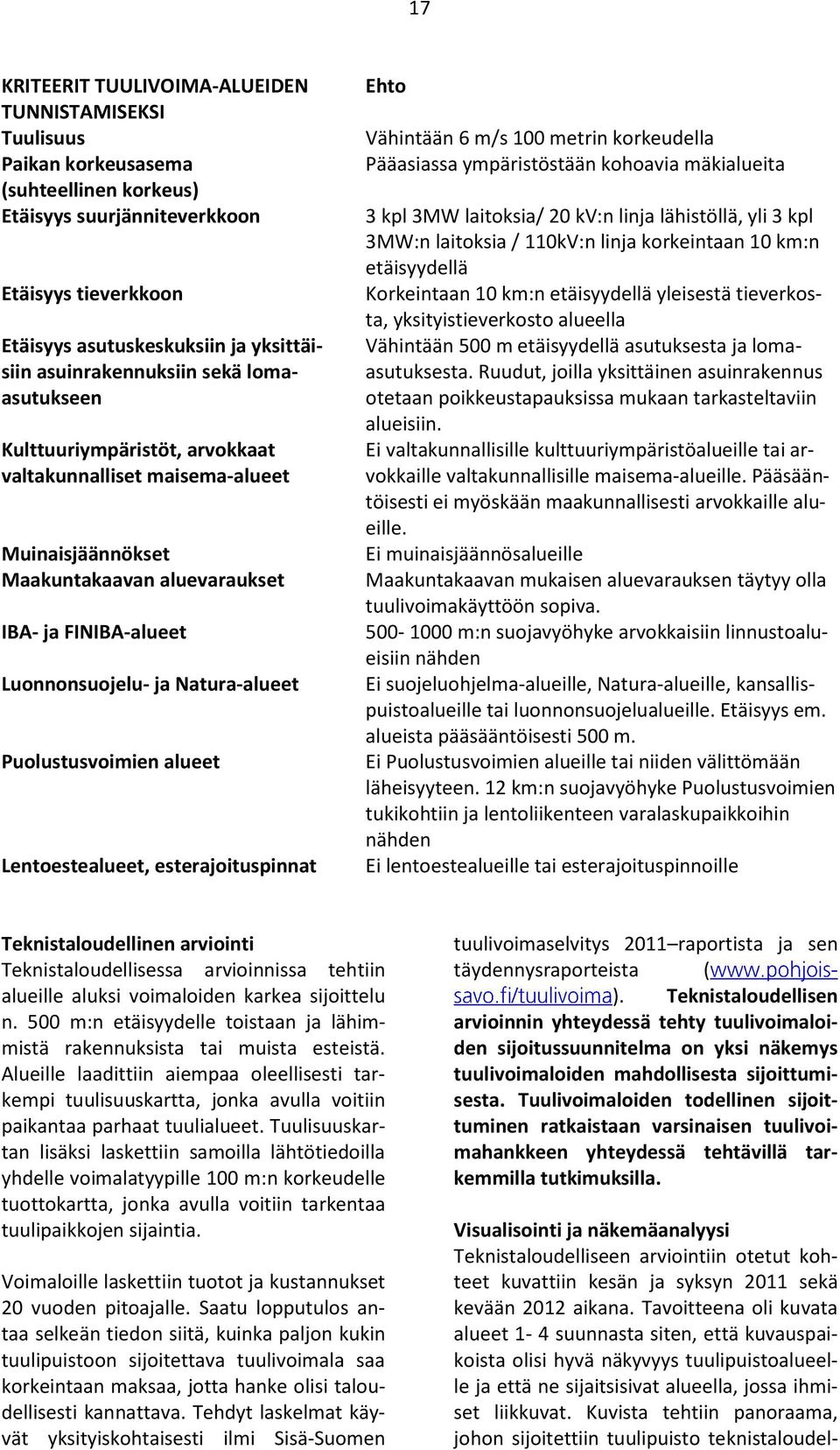 Natura-alueet Puolustusvoimien alueet Lentoestealueet, esterajoituspinnat Ehto Vähintään 6 m/s 100 metrin korkeudella Pääasiassa ympäristöstään kohoavia mäkialueita 3 kpl 3MW laitoksia/ 20 kv:n linja