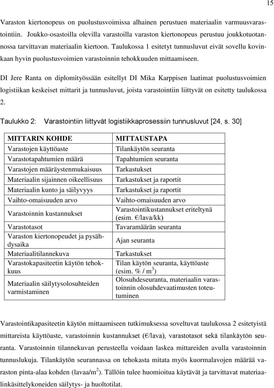 Taulukossa 1 esitetyt tunnusluvut eivät sovellu kovinkaan hyvin puolustusvoimien varastoinnin tehokkuuden mittaamiseen.