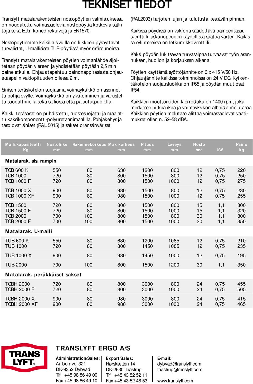 Translyft matalarakenteisten pöytien voimanlähde sijoitetaan pöydän viereen ja yhdistetään pöytään 2,5 m:n paineletkulla. Ohjaus tapahtuu painonappirasiasta ohjauskaapelin vakiopituuden ollessa 2 m.