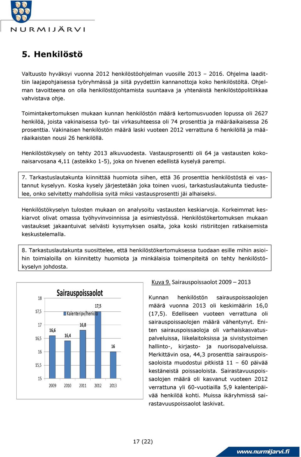 Toimintakertomuksen mukaan kunnan henkilöstön määrä kertomusvuoden lopussa oli 2627 henkilöä, joista vakinaisessa työ- tai virkasuhteessa oli 74 prosenttia ja määräaikaisessa 26 prosenttia.