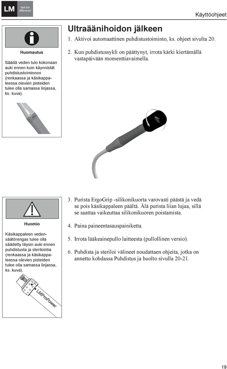 Ultraäänihoidon jälkeen Note indicates a situation where 1. Aktivoi automaattinen puhdistustoiminto, ks. ohjeet sivulta 20