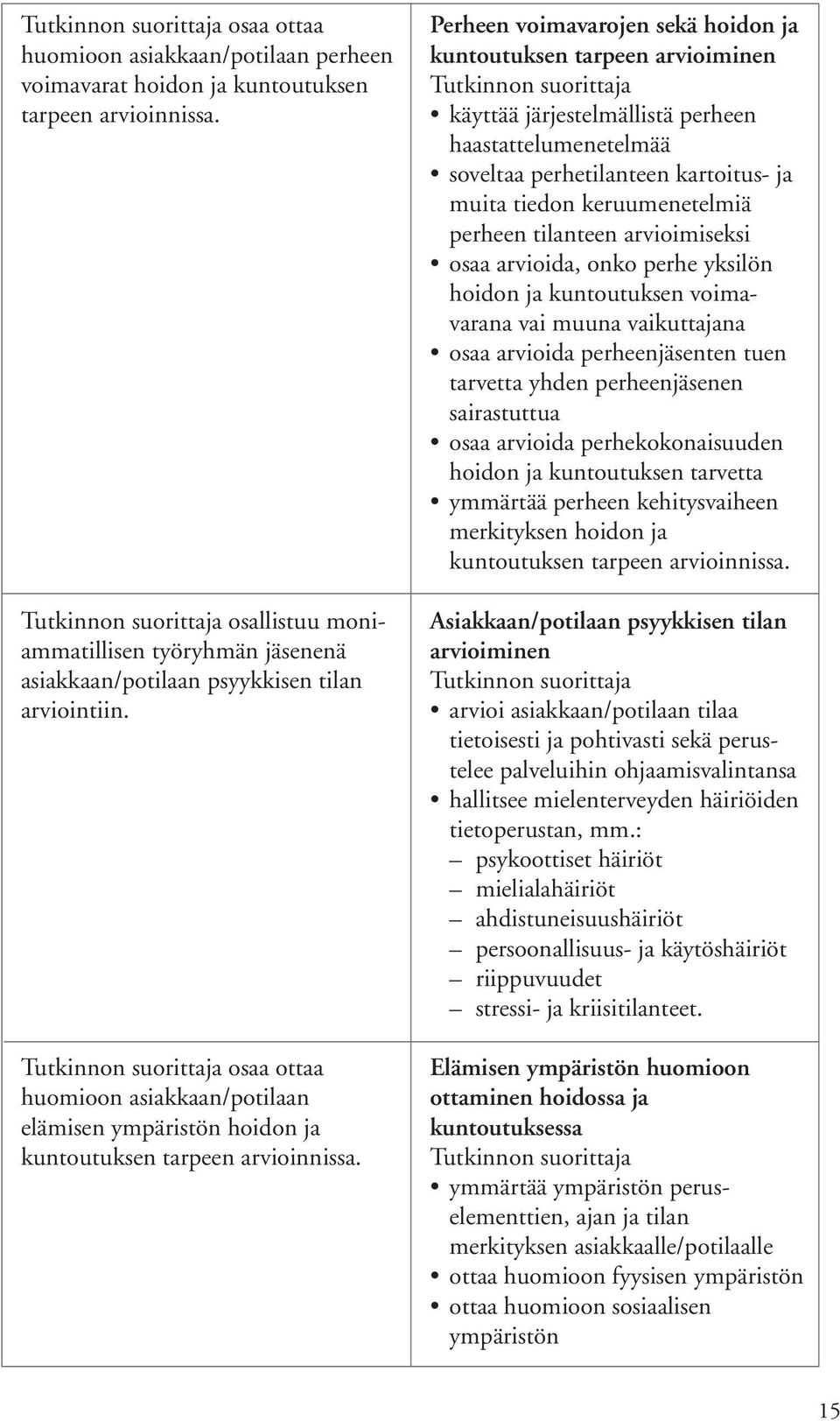 Perheen voimavarojen sekä hoidon ja kuntoutuksen tarpeen arvioiminen käyttää järjestelmällistä perheen haastattelumenetelmää soveltaa perhetilanteen kartoitus- ja muita tiedon keruumenetelmiä perheen