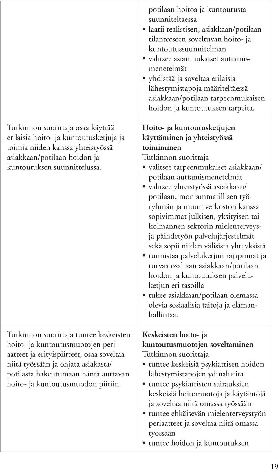 osaa käyttää erilaisia hoito- ja kuntoutusketjuja ja toimia niiden kanssa yhteistyössä asiakkaan/potilaan hoidon ja kuntoutuksen suunnittelussa.