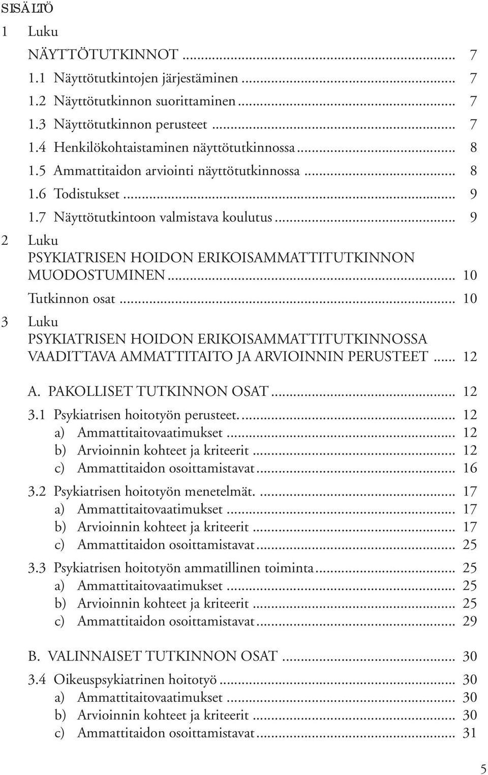 .. 10 3 Luku PSYKIATRISEN HOIDON ERIKOISAMMATTITUTKINNOSSA VAADITTAVA AMMATTITAITO JA ARVIOINNIN PERUSTEET... 12 A. PAKOLLISET TUTKINNON OSAT... 12 3.1 Psykiatrisen hoitotyön perusteet.