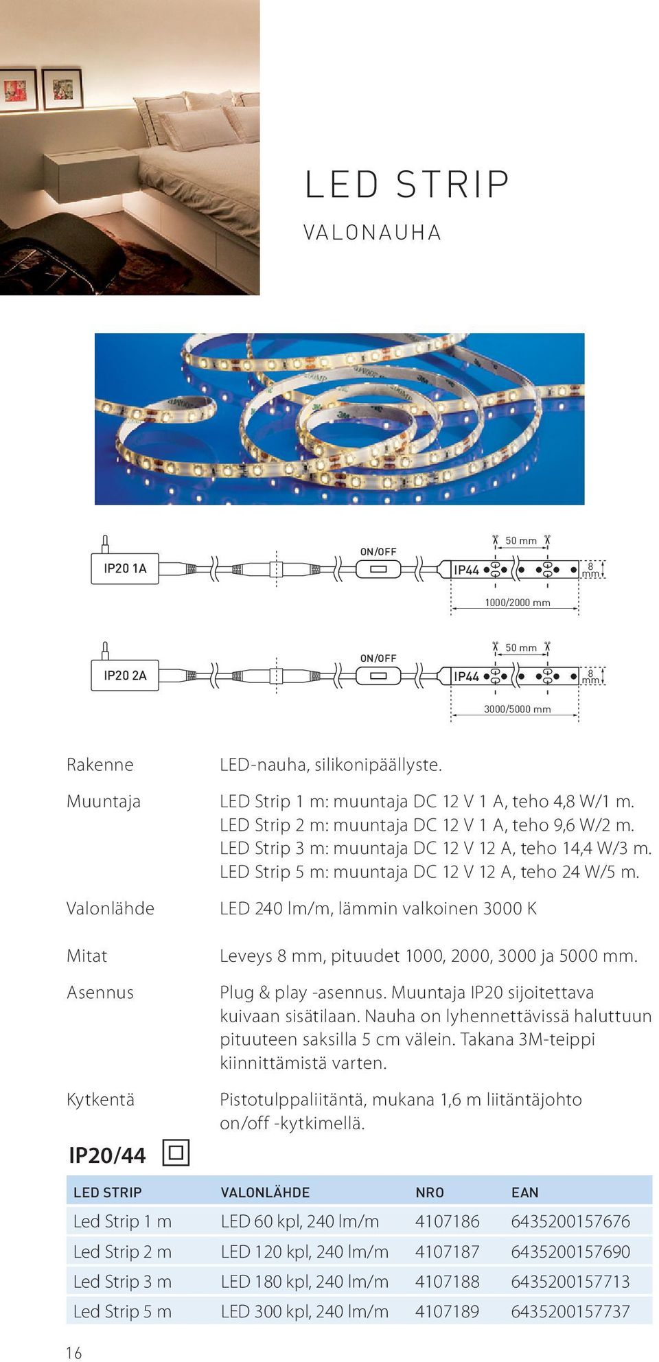 LED 240 lm/m, lämmin valkoinen 3000 K Mitat /44 Leveys 8 mm, pituudet 1000, 2000, 3000 ja 5000 mm. Plug & play -asennus. Muuntaja sijoitettava kuivaan sisätilaan.