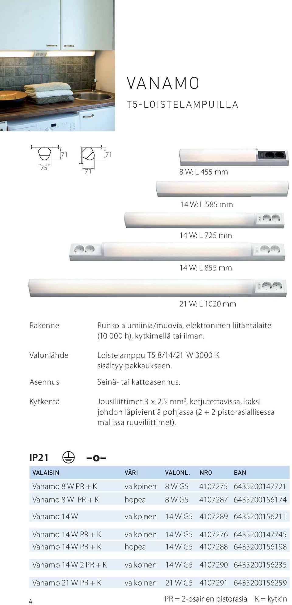 Jousiliittimet 3 x 2,5 mm 2, ketjutettavissa, kaksi johdon läpivientiä pohjassa (2 + 2 pistorasiallisessa mallissa ruuviliittimet). IP21 VALAISIN VÄRI VALONL.