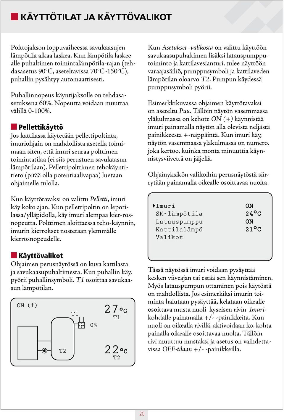 T2 22 C Puhallinnopeus käyntijaksolle on tehdasasetuksena 60%. Nopeutta voidaan muuttaa välillä 0-100%.