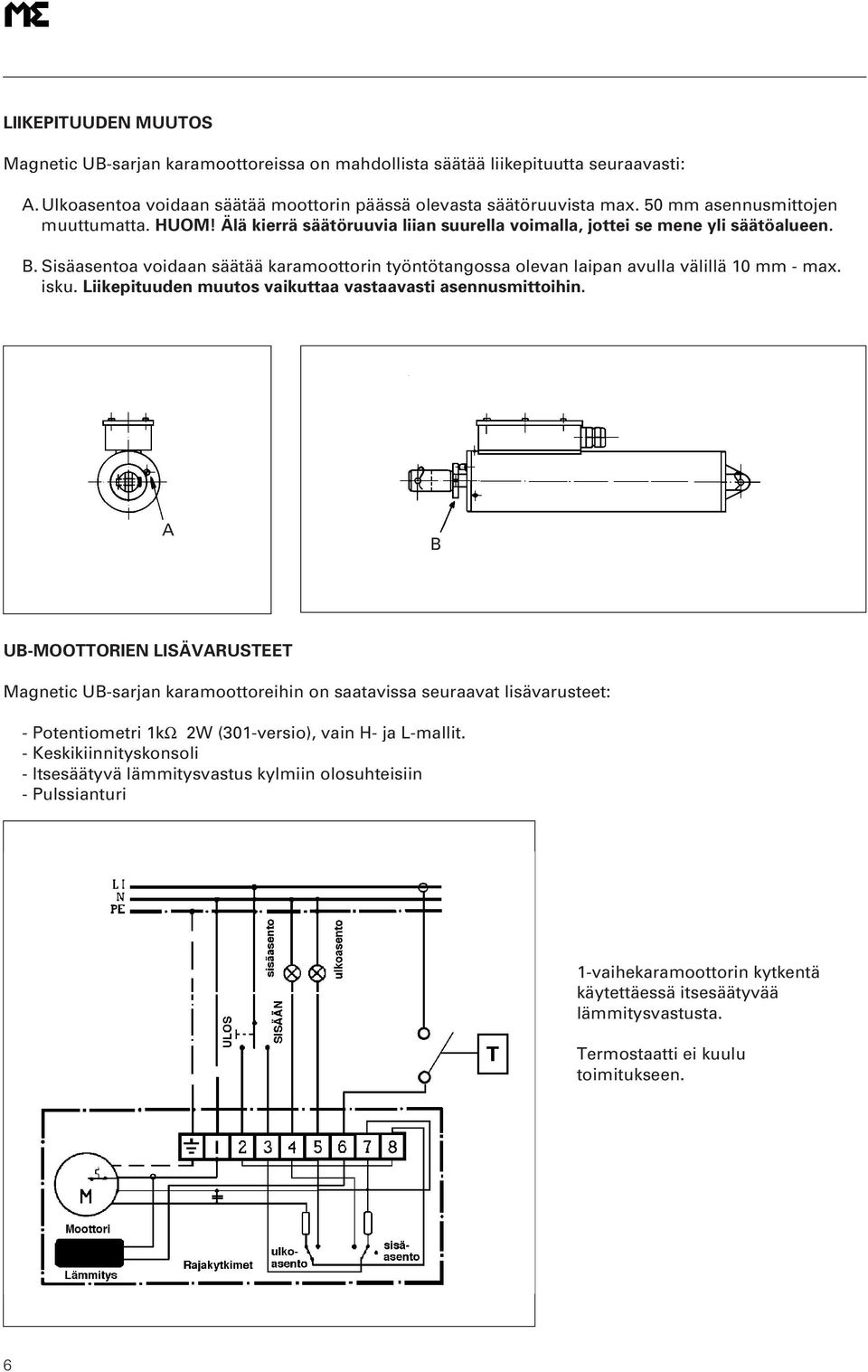 Sisäasentoa voidaan säätää karamoottorin työntötangossa olevan laipan avulla välillä 10 mm - max. isku. Liikepituuden muutos vaikuttaa vastaavasti asennusmittoihin.
