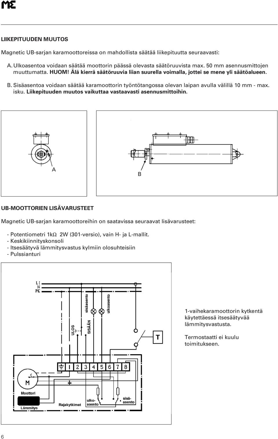 Sisäasentoa voidaan säätää karamoottorin työntötangossa olevan laipan avulla välillä 10 mm - max. isku. Liikepituuden muutos vaikuttaa vastaavasti asennusmittoihin.