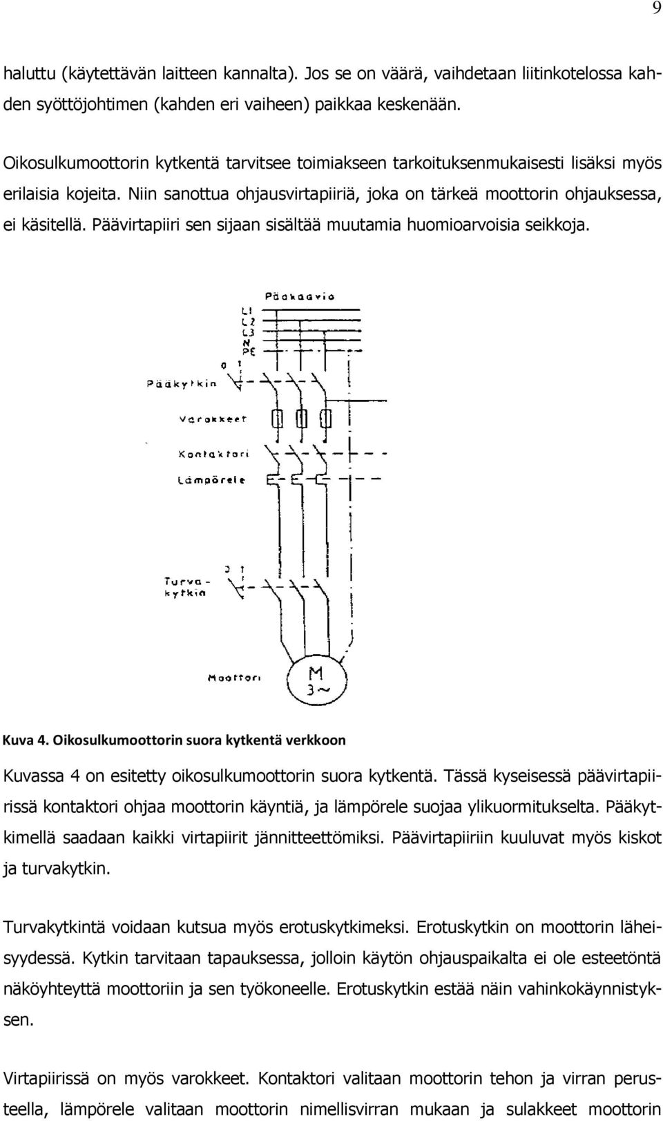 Päävirtapiiri sen sijaan sisältää muutamia huomioarvoisia seikkoja. Kuva 4. Oikosulkumoottorin suora kytkentä verkkoon Kuvassa 4 on esitetty oikosulkumoottorin suora kytkentä.