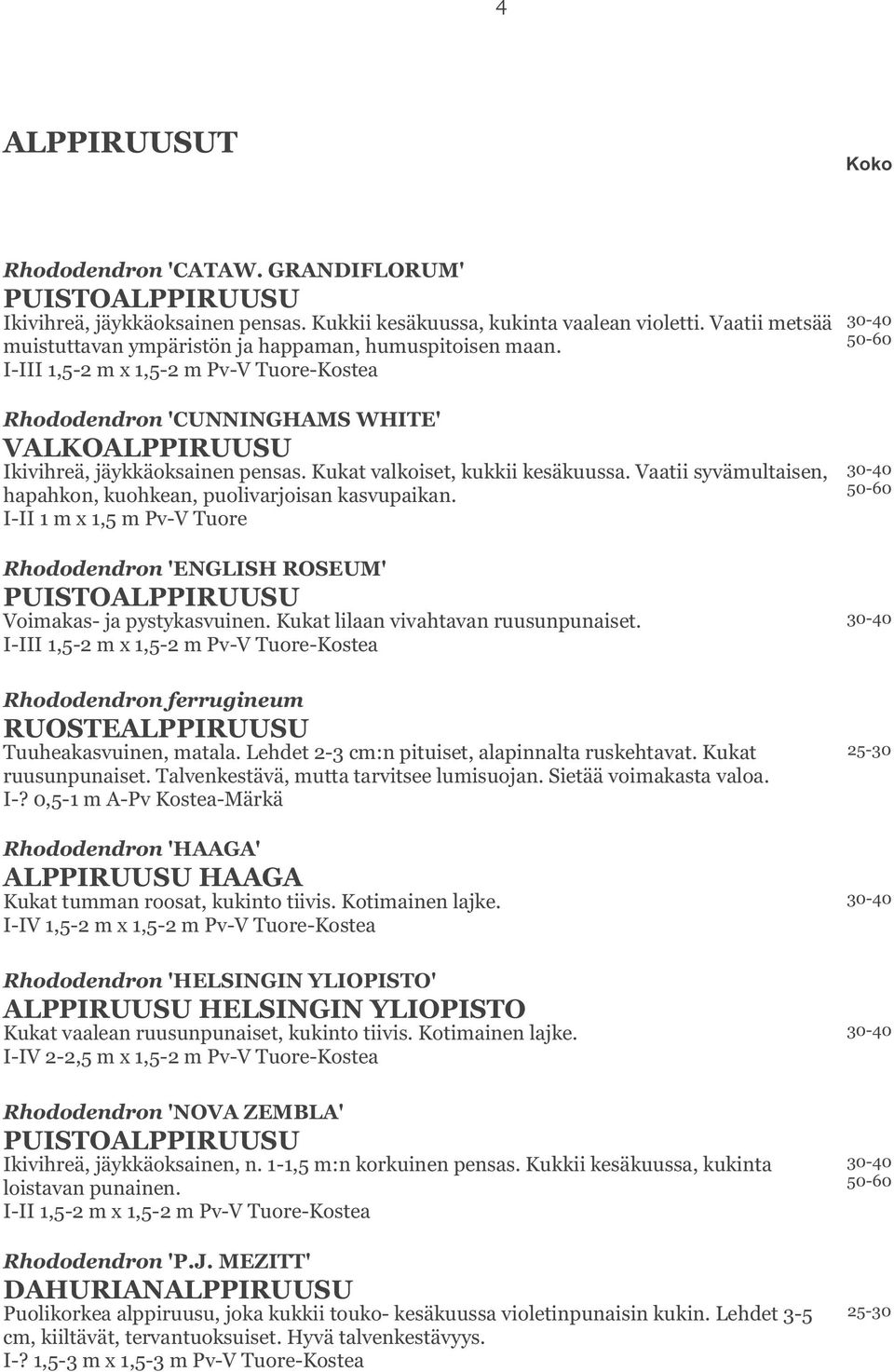 I-III 1,5-2 m x 1,5-2 m Pv-V Tuore-Kostea 50-60 Rhododendron 'CUNNINGHAMS WHITE' VALKOALPPIRUUSU Ikivihreä, jäykkäoksainen pensas. Kukat valkoiset, kukkii kesäkuussa.