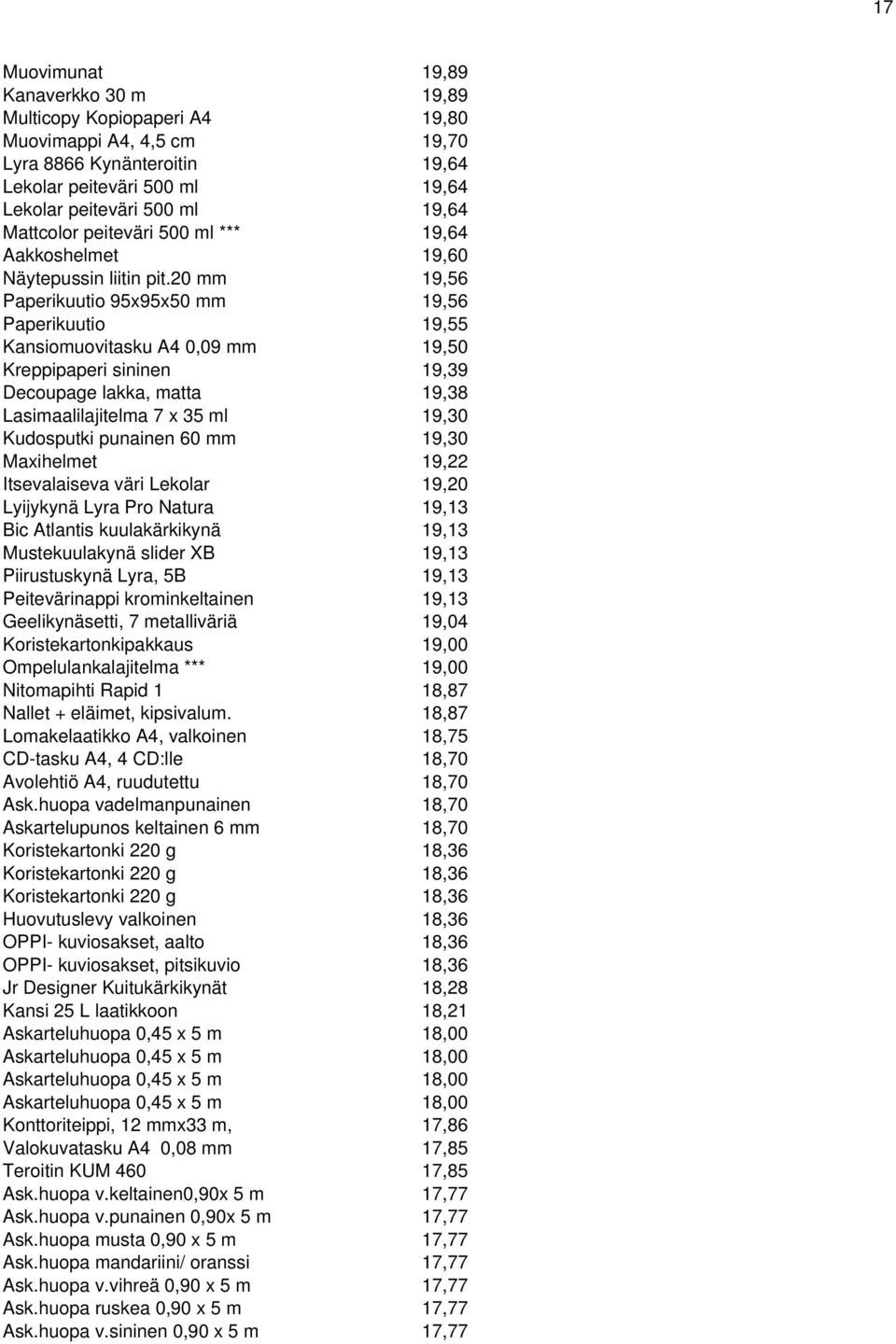 20 mm 19,56 Paperikuutio 95x95x50 mm 19,56 Paperikuutio 19,55 Kansiomuovitasku A4 0,09 mm 19,50 Kreppipaperi sininen 19,39 Decoupage lakka, matta 19,38 Lasimaalilajitelma 7 x 35 ml 19,30 Kudosputki