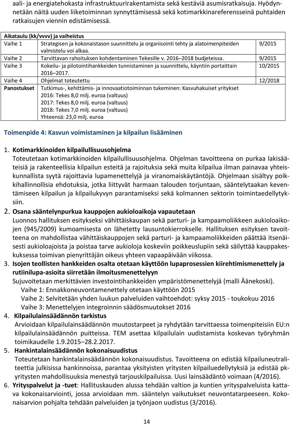 Vaihe 1 Strategisen ja kokonaistason suunnittelu ja organisointi tehty ja alatoimenpiteiden 9/2015 valmistelu voi alkaa. Vaihe 2 Tarvittavan rahoituksen kohdentaminen Tekesille v.