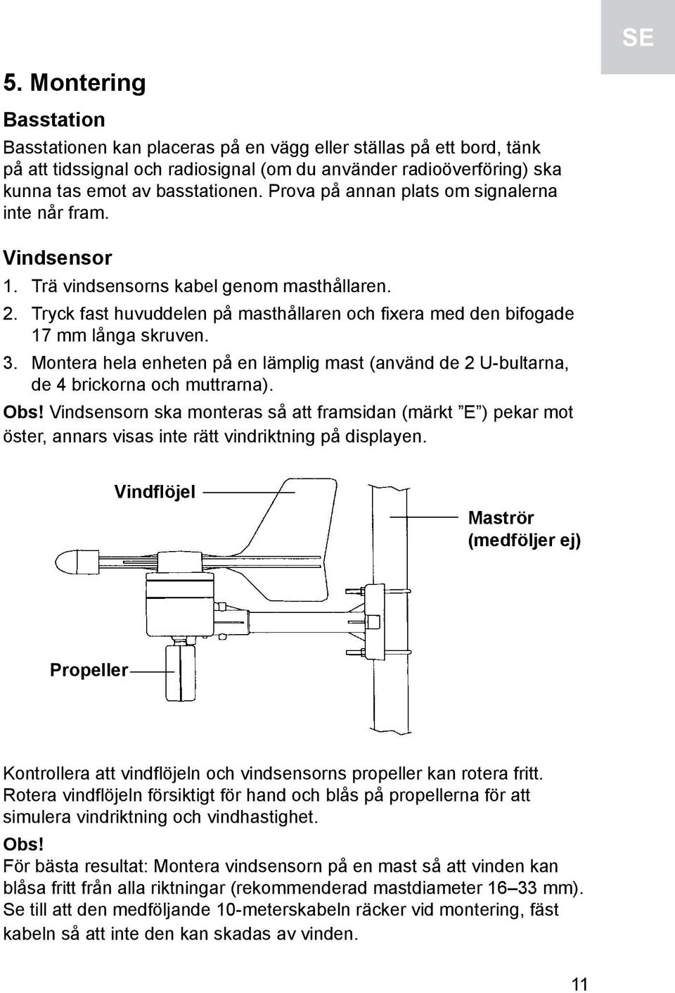 Montera hela enheten på en lämplig mast (använd de 2 U-bultarna, de 4 brickorna och muttrarna). Obs!