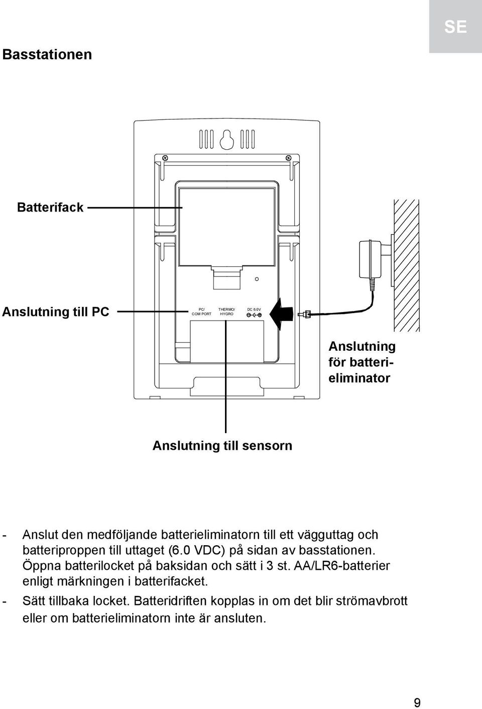 och batteriproppen till uttaget (6.0 VDC) på sidan av basstationen. Öppna batterilocket på baksidan och sätt i 3 st.