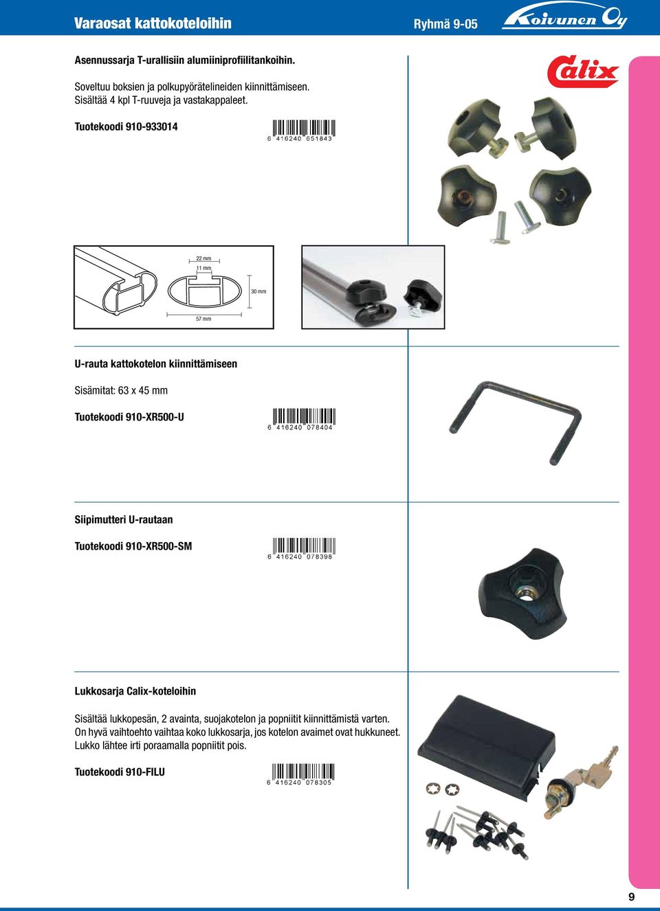 Tuotekoodi 910-933014 22 mm 11 mm 30 mm 57 mm U-rauta kattokotelon kiinnittämiseen Sisämitat: 63 x 45 mm Tuotekoodi 910-XR500-U Siipimutteri U-rautaan