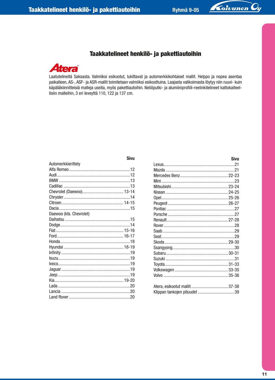 Neliöputki- ja alumiiniprofiili-reelinkitelineet kattokaiteellisiin malleihin, 3 eri leveyttä 110, 122 ja 137 cm. Sivu Automerkkierittely Alfa Romeo...12 Audi...12 BMW...13 Cadillac.