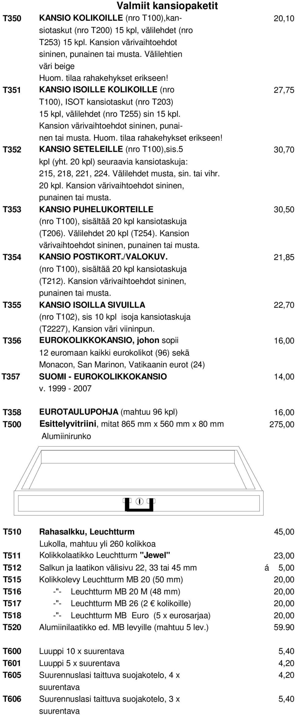 Kansion värivaihtoehdot sininen, punainen tai musta. Huom. tilaa rahakehykset erikseen! T352 KANSIO SETELEILLE (nro T100),sis.5 30,70 kpl (yht. 20 kpl) seuraavia kansiotaskuja: 215, 218, 221, 224.