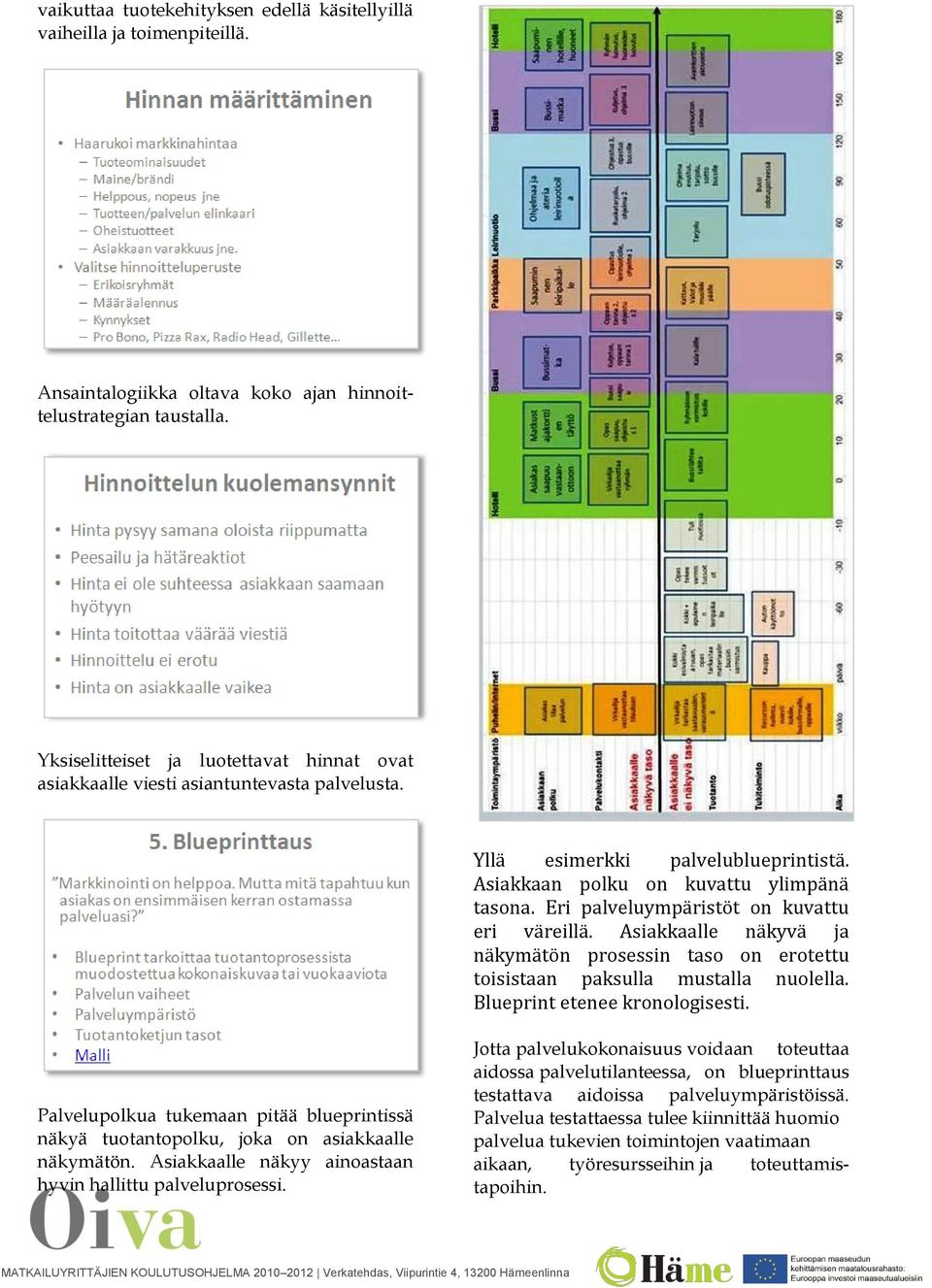 Eri palveluympäristöt on kuvattu eri väreillä. Asiakkaalle näkyvä ja näkymätön prosessin taso on erotettu toisistaan paksulla mustalla nuolella. Blueprint etenee kronologisesti.