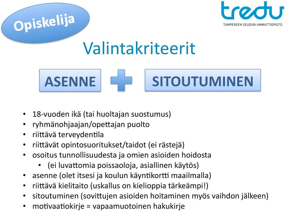 luvagomia poissaoloja, asiallinen käytös) asenne (olet itsesi ja koulun käyn'kore maailmalla) riigävä kielitaito