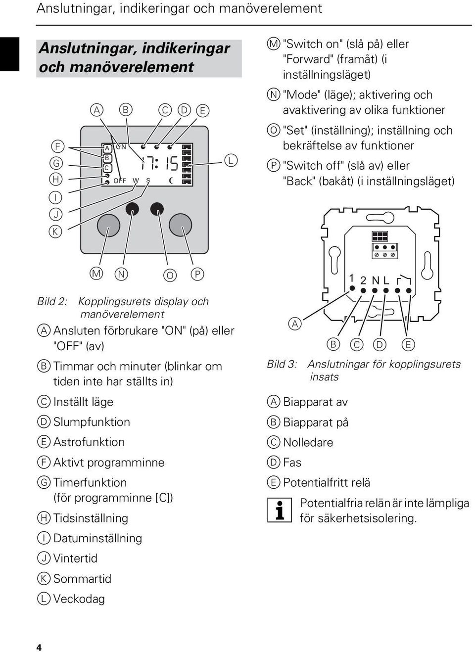 2: Kopplingsurets display och manöverelement nsluten förbrukare "" (på) eller "" (av) B Timmar och minuter (blinkar om tiden inte har ställts in) C Inställt läge D Slumpfunktion E strofunktion F