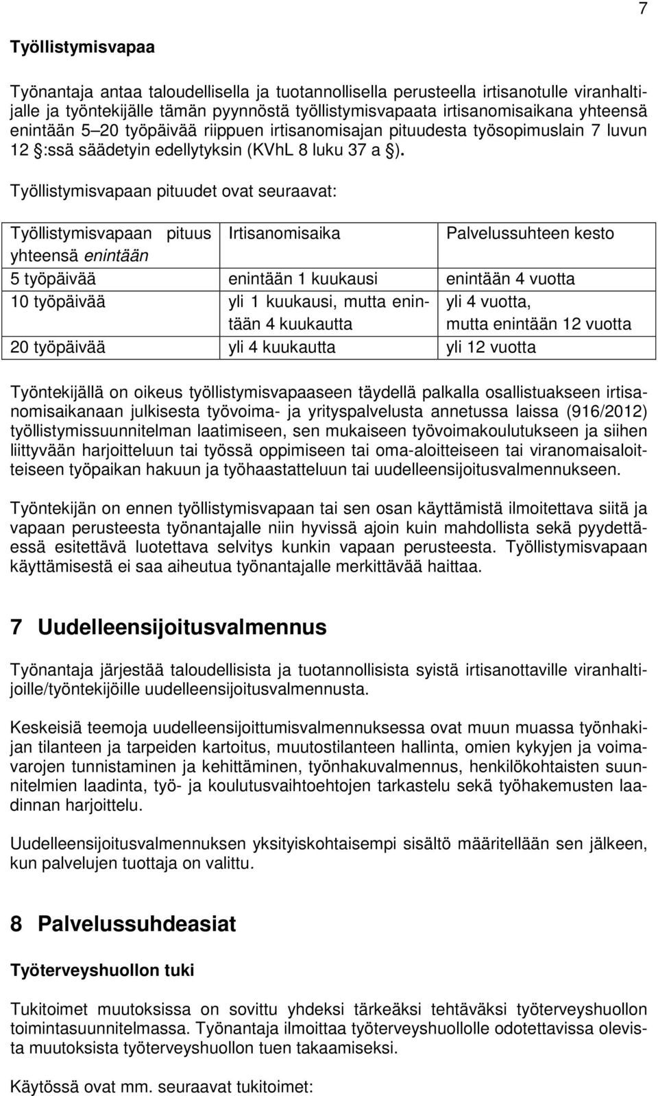 Työllistymisvapaan pituudet ovat seuraavat: Työllistymisvapaan pituus Irtisanomisaika Palvelussuhteen kesto yhteensä enintään 5 työpäivää enintään 1 kuukausi enintään 4 vuotta 10 työpäivää yli 1