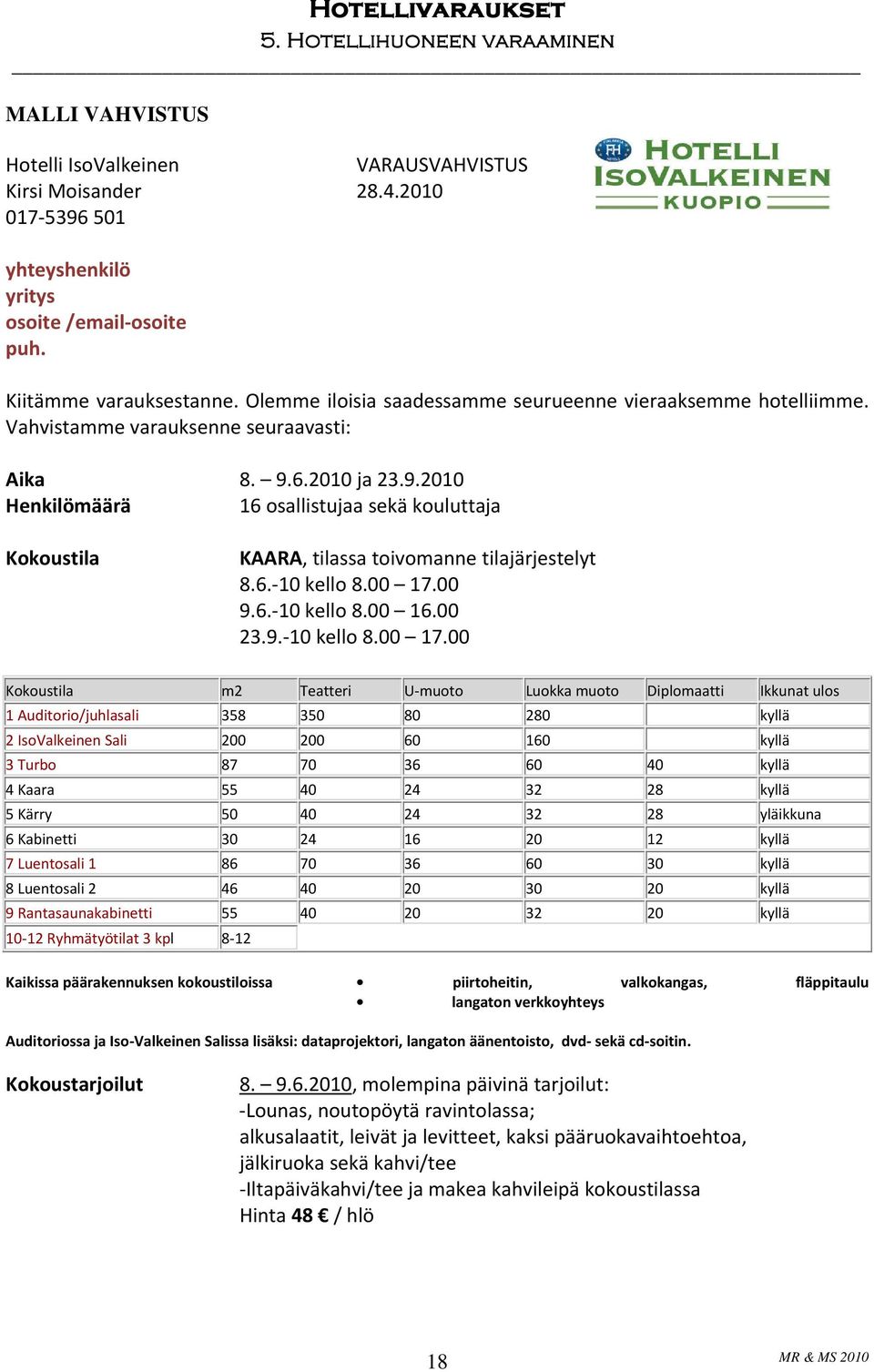 6.2010 ja 23.9.2010 Henkilömäärä 16 osallistujaa sekä kouluttaja Kokoustila KAARA, tilassa toivomanne tilajärjestelyt 8.6. 10 kello 8.00 17.