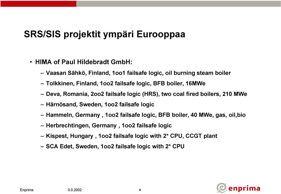 Härnösand, Sweden, 1oo2 failsafe logic Hammeln, Germany, 1oo2 failsafe logic, BFB boiler, 40 MWe, gas, oil,bio Herbrechtingen,