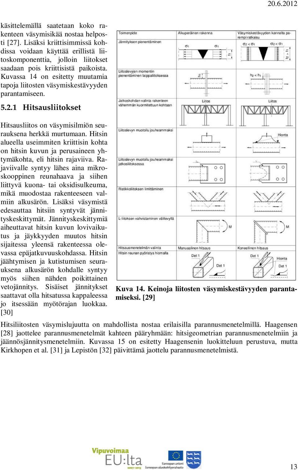 Kuvassa 14 on esitetty muutamia tapoja liitosten väsymiskestävyyden parantamiseen. 5.2.1 Hitsausliitokset Hitsausliitos on väsymisilmiön seurauksena herkkä murtumaan.