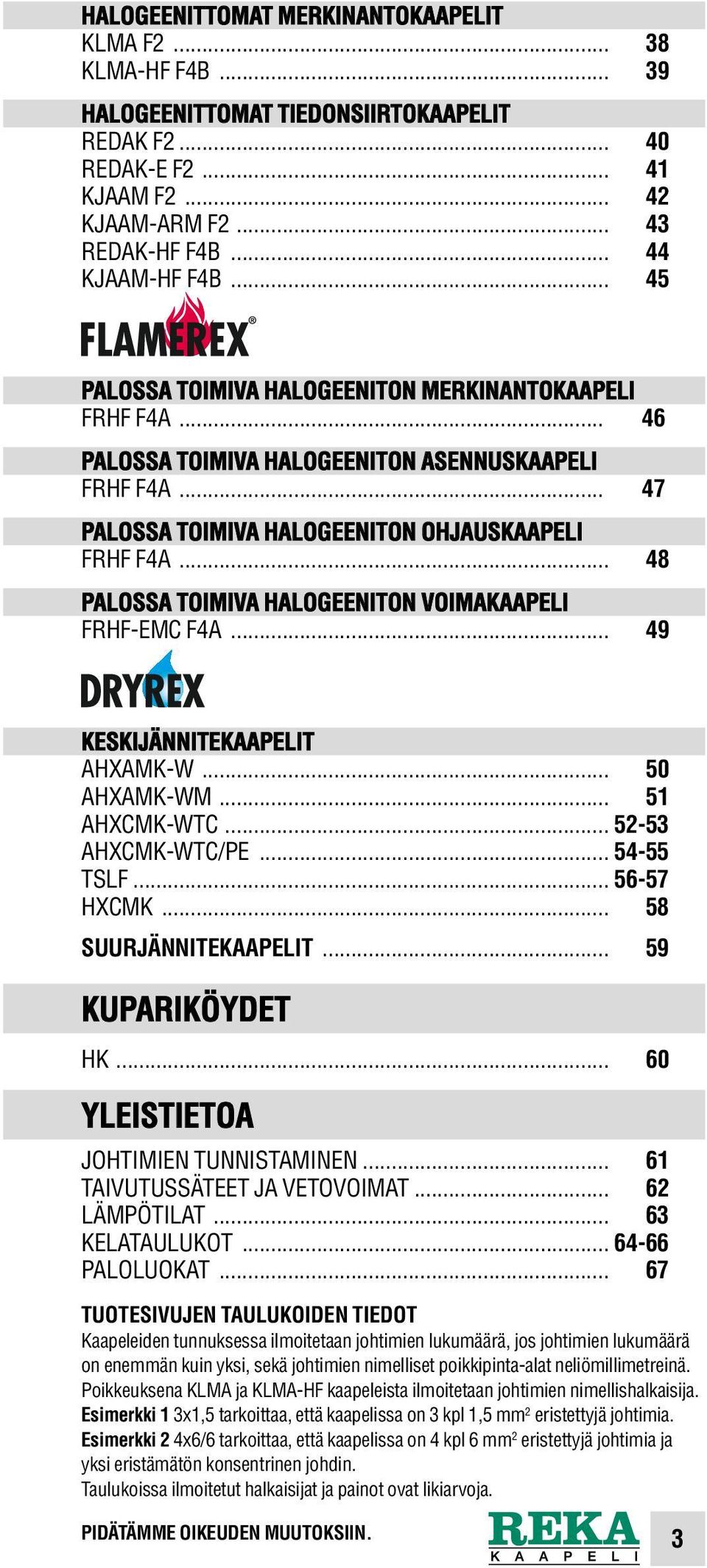 .. 48 PALOSSA TOIMIVA HALOGEENITON VOIMAKAAPELI FRHF-EMC F4A... 49 KESKIJÄNNITEKAAPELIT AHXAMK-W... 50 AHXAMK-WM... 51 AHXCMK-WTC... 52-53 AHXCMK-WTC/PE... 54-55 TSLF... 56-57 HXCMK.