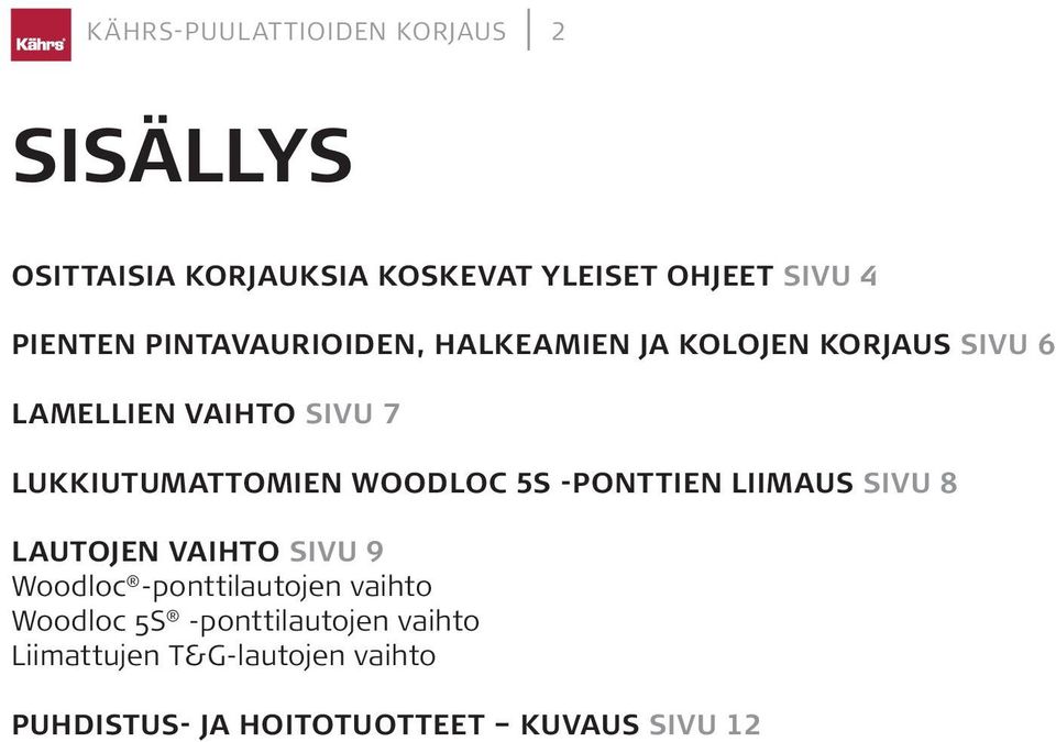 LUKKIUTUMATTOMIEN WOODLOC 5S -PONTTIEN LIIMAUS SIVU 8 LAUTOJEN VAIHTO SIVU 9 Woodloc