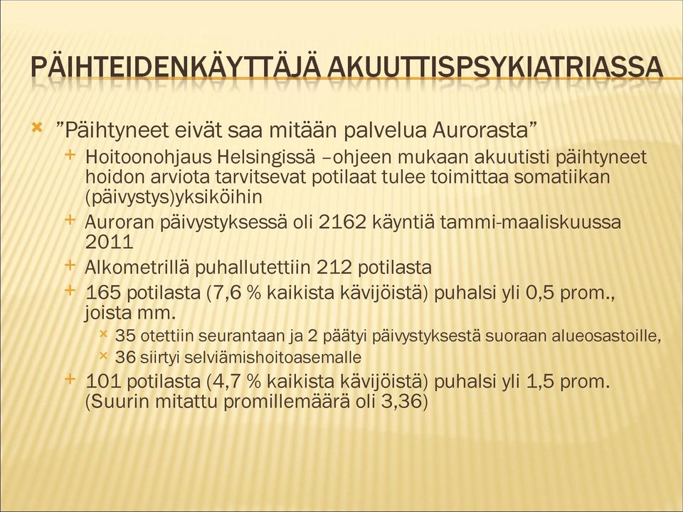 potilasta 165 potilasta (7,6 % kaikista kävijöistä) puhalsi yli 0,5 prom., joista mm.