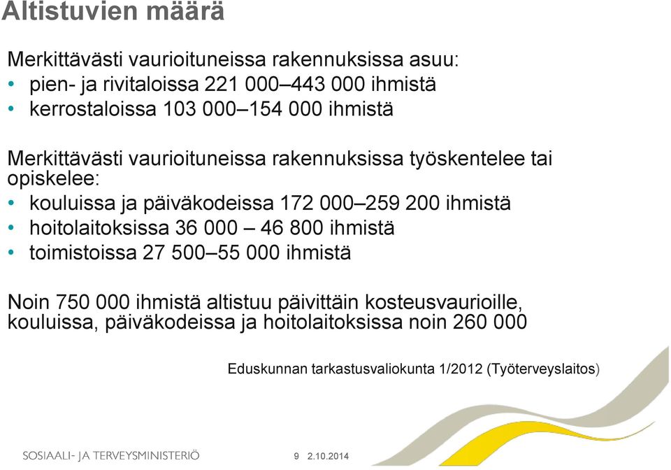 200 ihmistä hoitolaitoksissa 36 000 46 800 ihmistä toimistoissa 27 500 55 000 ihmistä Noin 750 000 ihmistä altistuu päivittäin