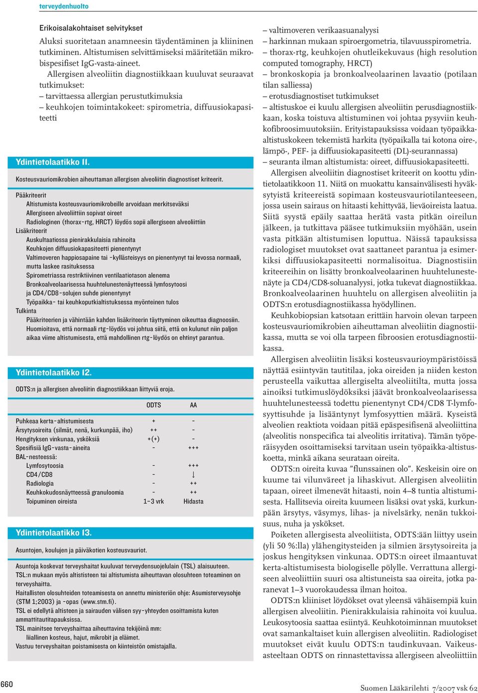 Kosteusvauriomikrobien aiheuttaman allergisen alveoliitin diagnostiset kriteerit.