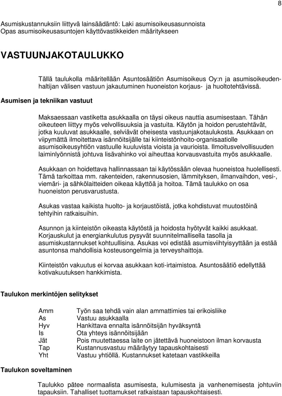 Asumisen ja tekniikan vastuut Maksaessaan vastiketta asukkaalla on täysi oikeus nauttia asumisestaan. Tähän oikeuteen liittyy myös velvollisuuksia ja vastuita.