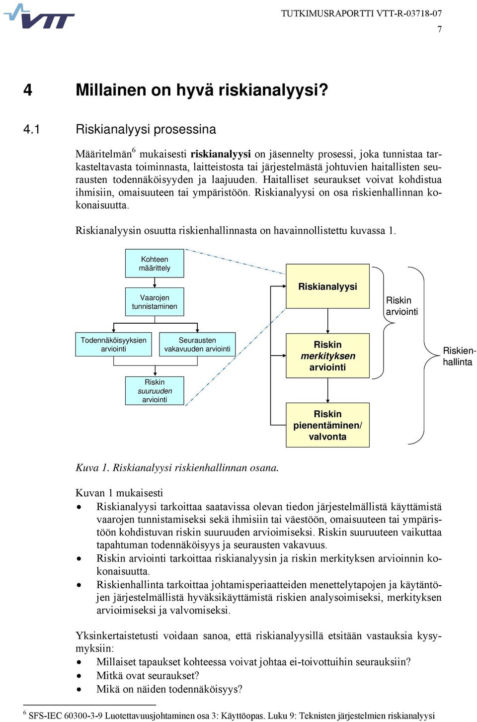 pienentäminen/ valvonta Määritelmän 6 mukaisesti riskianalyysi on jäsennelty prosessi, joka tunnistaa tarkasteltavasta toiminnasta, laitteistosta tai järjestelmästä johtuvien haitallisten seurausten