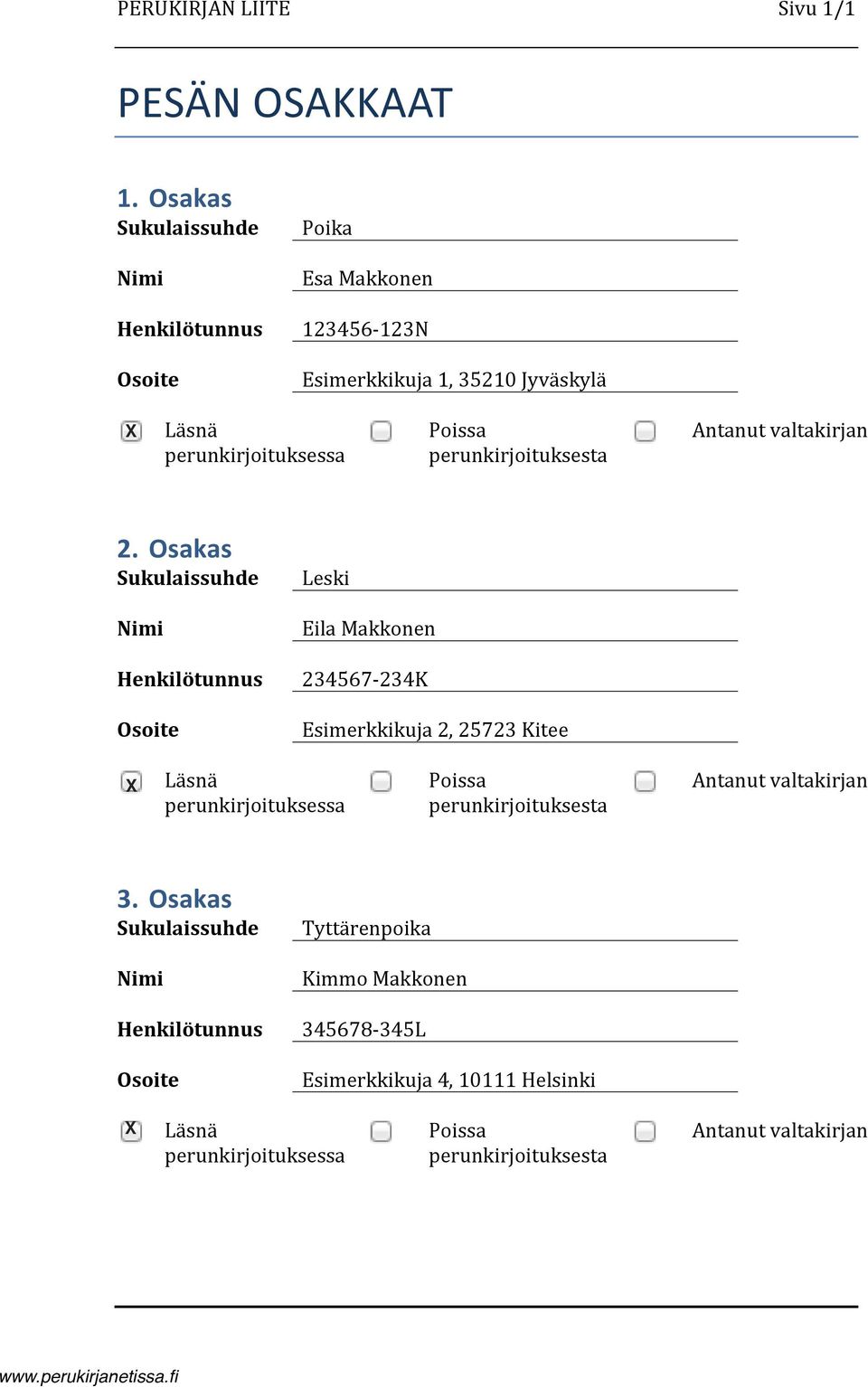 # Osakas# Sukulaissuhde Leski Nimi EilaMakkonen Henkilötunnus 234567?