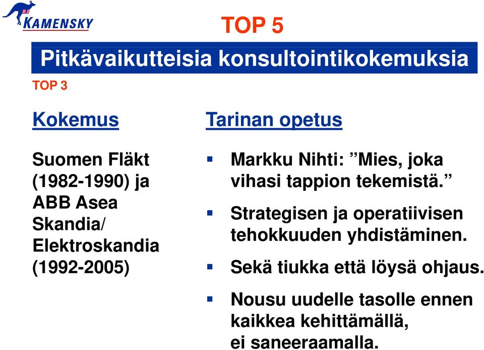 vihasi tappion tekemistä. Strategisen ja operatiivisen tehokkuuden yhdistäminen.