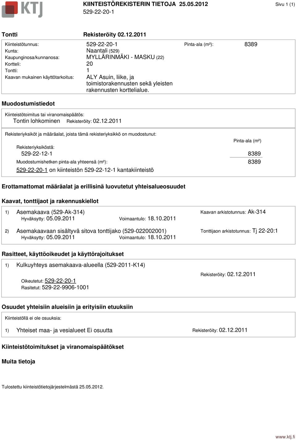 2011 Kiinteistötunnus: 529-22-20-1 Pinta-ala (m²): 8389 Kunta: Naantali (529) Kaupunginosa/kunnanosa: MYLLÄRINMÄKI - MASKU (22) Kortteli: 20 Tontti: 1 Kaavan mukainen käyttötarkoitus: ALY Asuin,